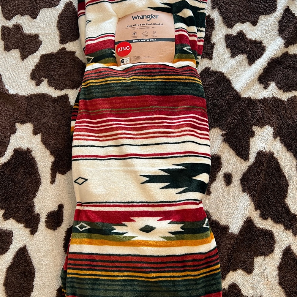 (2) Available Wrangler Red and Cream Striped Blanket Aztec Pattern KING size